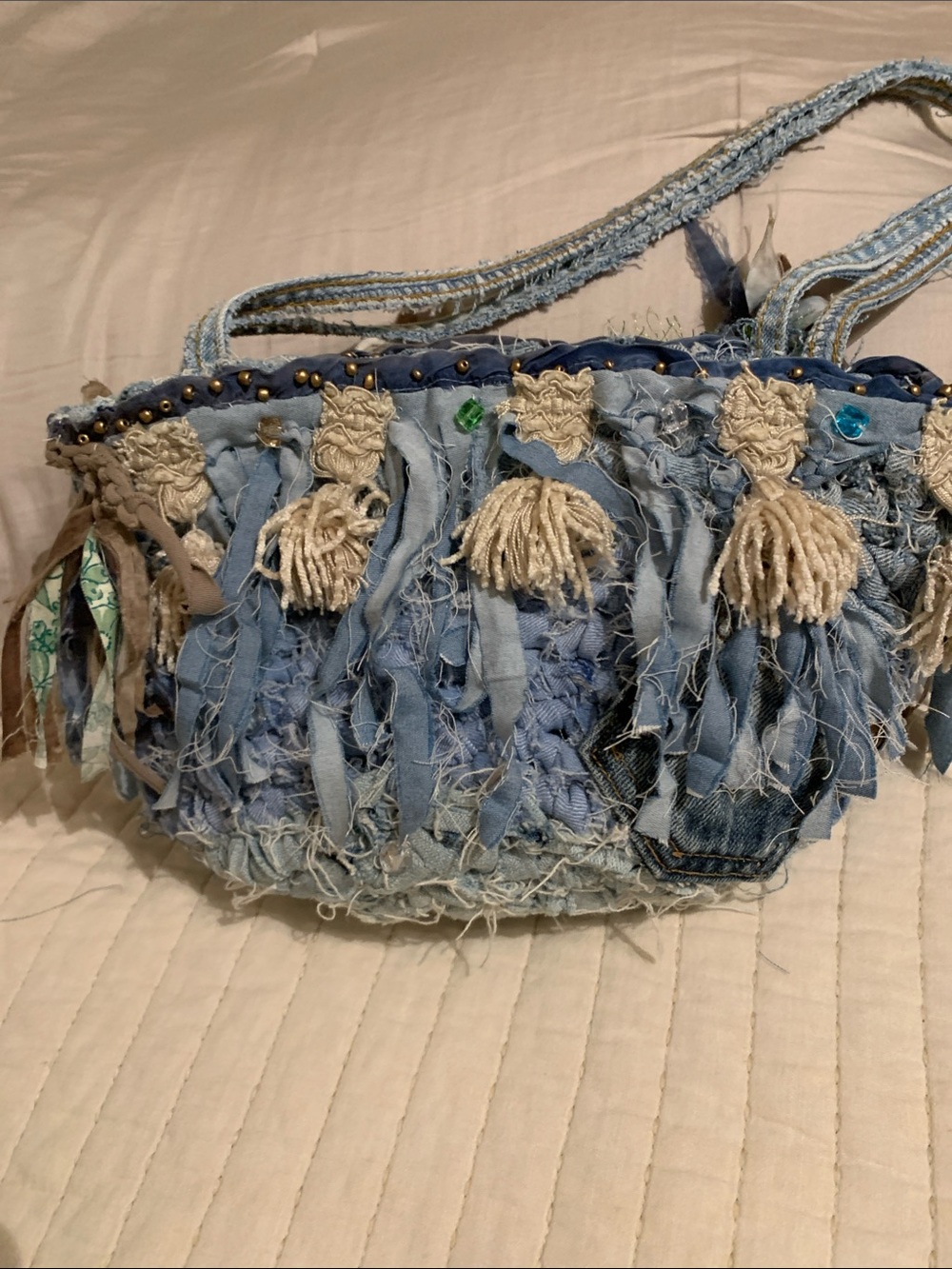 Boho Fringe Denim Tote Bag in Light Blue